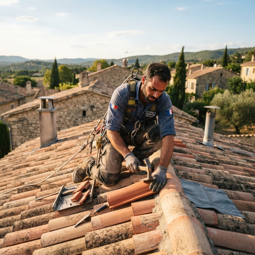 Artisan couvreur DG ETS DUMONT au travail sur une toiture en tuiles
