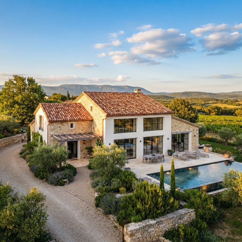 Maison française avec une toiture en tuiles terre cuite entièrement rénovée