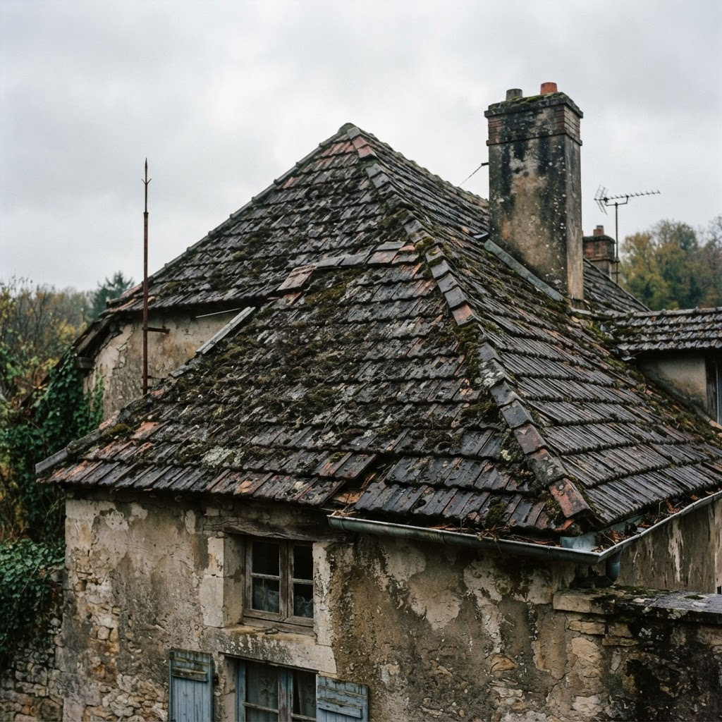 Toiture ancienne recouverte de mousse avant rénovation